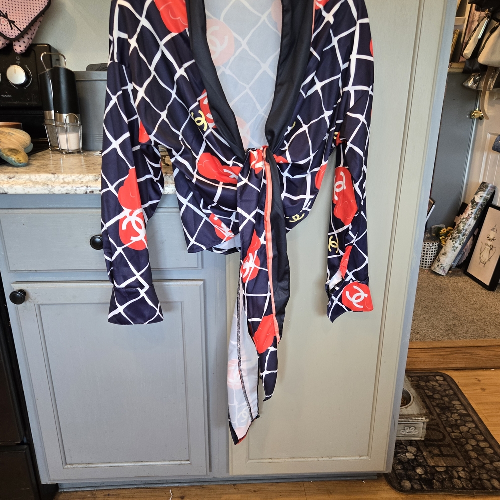 Chanel Navy and Red Wrap Top